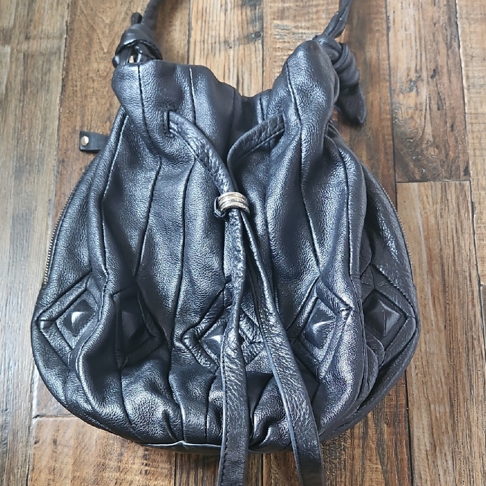 Elliott Lucca Luxury Quality‎ Chic Black Genuine Leather Hobo Draw String Bag